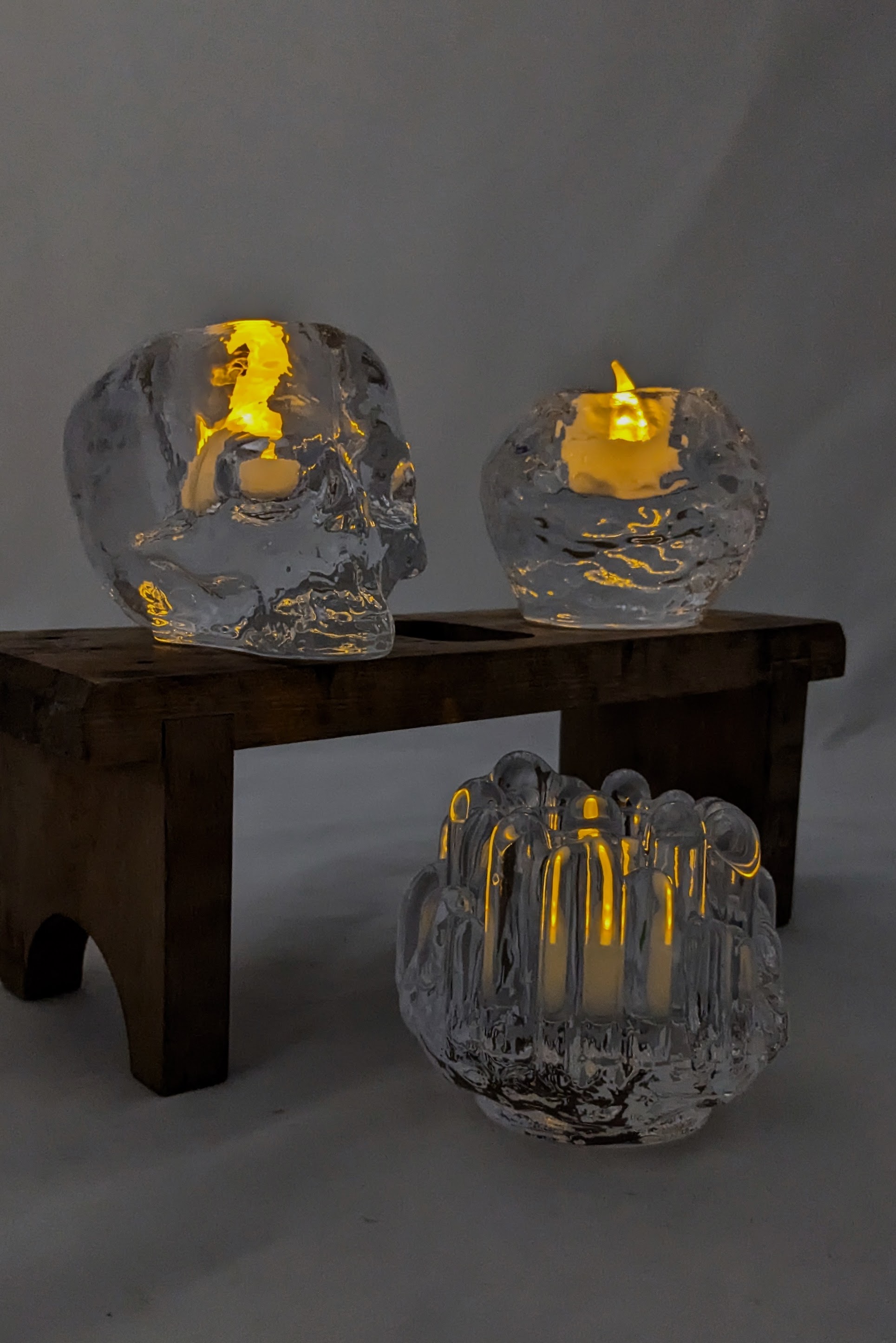 Still Life (skull), snowball and polar crystal votives with a tealight glowing in the dark to create an serene ambiance.  