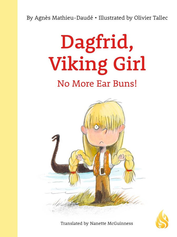 Book cover with title and graphic of a viking girl with long blonde braids, holding her hair and scowling in front of a Viking ship.