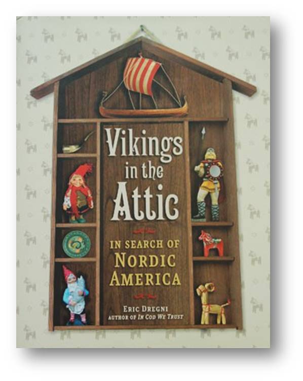 Book cover with title inside a house-shaped shelf with Nordic figurines surrounding it.