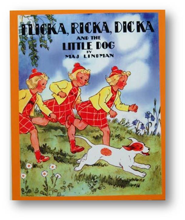 Book cover with title and graphic of three blond girls running through the grass with a white and brown spotted dog.