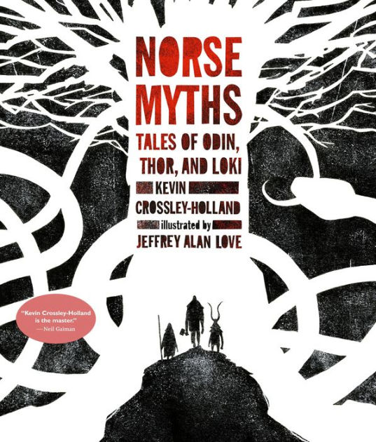 Book cover with title and graphic of a white tree with the silhouettes of Odin, Thor and Loki.