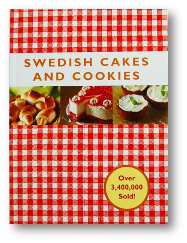 Book cover with title and photos of Swedish baked goods with a red gingham background.