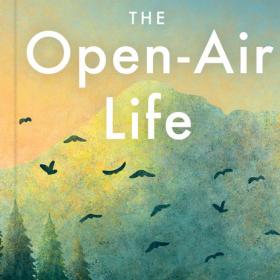 Book cover with title and graphic of birds flying over a field with trees and a mountain in the background.